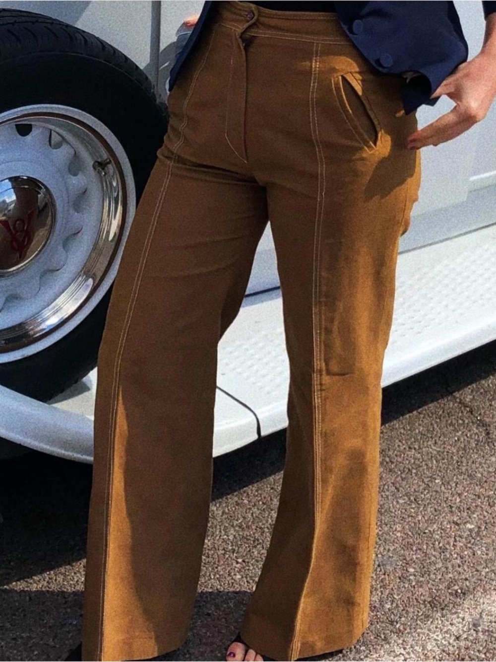 Vintage High-Rise Wide-Leg Western Suede-like Pants in Caramel Brown